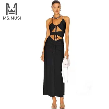 MSMUSI 2021 Yeni Yaz Moda Kadınlar Halter Kolsuz Backless Dökümlü Midi Elbise Seksi Kulübü Parti Bayan Bodycon Elbise