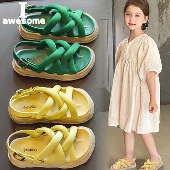 Kızlar Yeni Moda Sandalet Kore Versiyonu Çocuk Yumuşak Taban plaj ayakkabısı Küçük Kızlar Çapraz Kayış Sandalet Terlik Olarak Kullanılabilir