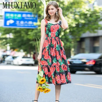 MIUXIMAO Yüksek Kalite Avrupa 2020 yaz elbisesi Yeni Kolsuz Çiçek Baskı Zarif Mizaç Orta Buzağı Elbise Kadınlar