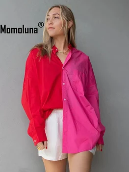 Kadın Butonuna İki Tonlu Dantel KADAR Gömlek Bayanlar Kontrast Rahat Renk Gevşek Bluz Henrietta Colorblock Momoluna 