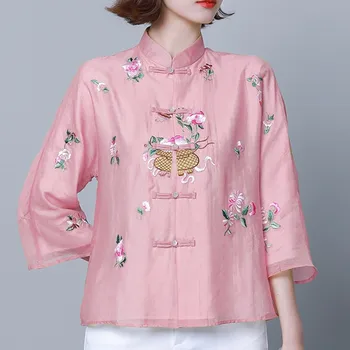 2021 Vintage Çin tarzı Bluzlar Üstleri Kadın Nakış Geliştirilmiş Han takım elbise Tang takım elbise üst Moda Çin tarzı gömlek