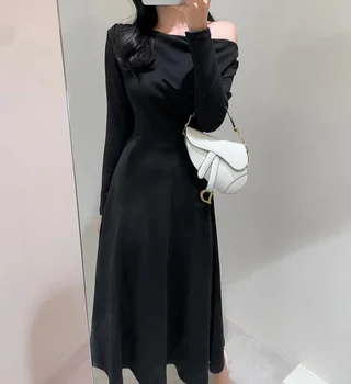Uzun Kollu Balıkçı Yaka Seksi Siyah Bodycon Elbise Sonbahar Kış Kadın Örgü Kazak Kıyafetler Katı Slash Boyun Kazak Vestidos