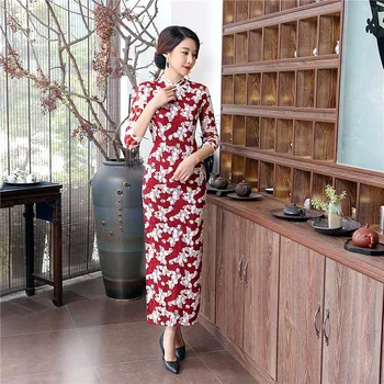 Kadın Vintage Elbise Çin Tarzı Zarif Çiçekler Dantel Uzun Cheongsam Seksi Ince Cheongsam Rahat büyüleyici Etek çin elbise