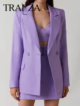 TRAF ZA Moda Banliyö Katı Mor kadın Seti Rahat Gevşek Basit Blazer Ceket + Etek Kemer İnce Zip Tüm Maç Kısa Etek