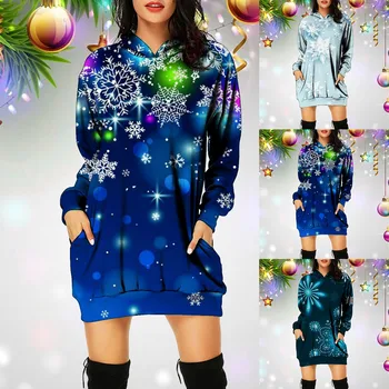 Hoodie Kadın Kazak Kadın Moda Noel Kar Tanesi Baskılı Kapşonlu Uzun Kollu Orta Uzunlukta Kadın Hoodies Uzun İpli