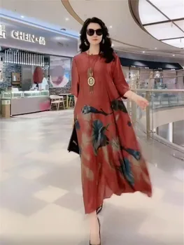 Özel Satış Zarif Baskılı İpek Elbise Kadın İlkbahar / yaz 2021 Yeni 35-55 Yaşında Artı Boyutu Gevşek rahat elbise Kadın