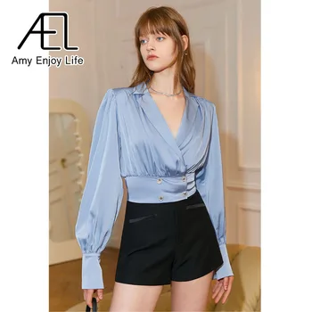AEL Saten Bluz Kadın Çentikli Yaka Kırpma Üst Kadınlar Zarif Moda Kadın Bluzlar 2022 Yaz Streetwear