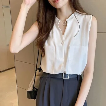 Katı Beyaz Siyah Yelek Kolsuz Bluzlar Kadın Yaz Tüm Maç Üst Düğme Gömlek Kore Ofis Dışında Gevşek Şifon Gömlek
