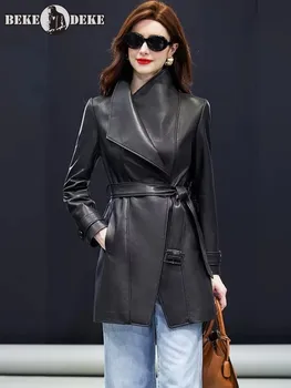 Kadın Moda Hakiki Deri Uzun Ceket Yüksek Kaliteli Doğal Koyun Derisi Palto Ince Yüksek Sokak Ofis Bayanlar Rüzgarlıklar