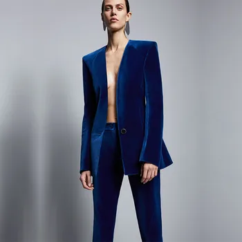 Moda Kraliyet Mavi Kadife Kadın Resmi Iş Pantolon Takım Elbise Kadın Slim Fit Ofis Bayanlar Smokin Üniforma Takım Elbise Kostüm Femme