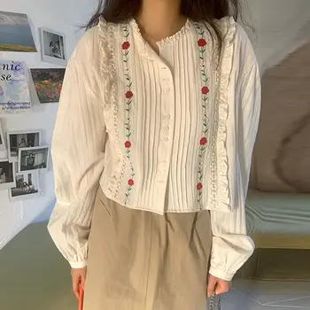Kadın İlkbahar Sonbahar Kore Şık Tatlı Yuvarlak Boyun Nakış Kat Dikiş Gevşek Uzun Kabarcık Kollu Gömlek Bluz Tops Mujer D850