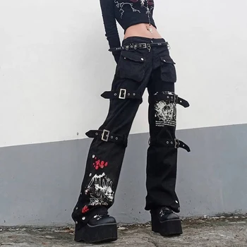 2022 Gotik Sanat Kargo pantolon Techwear Hip Hop Kot Tembel Goth Punk Siyah Denim Pantolon Streetwear Akademik Düşük Bel Joggers Y2k