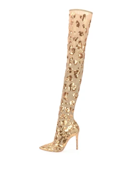 Sestito Kadınlar Bling Glitter Stiletto Topuklu İnce Esneklik Çizmeler Bayanlar Seksi Streç Kumaş Sivri Burun Uyluk Yüksek Çizmeler