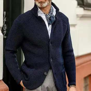 Şık kış kazak elastik kazak ceket cepler saf renk Anti-shrink erkek ceket termal