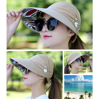 Yazlık şapkalar Kadınlar için Katlanabilir güneş şapkası İnci Çiçek Siperliği Güneş Koruyucu Disket Kap Kadın Açık Rahat beyzbol şapkası