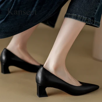 Kanseet Özlü Pompaları 2023 Bahar Sivri Burun Hakiki Deri Kadın ayakkabı Elbise El Yapımı Slip-On Orta Topuklu Bayan Ayakkabı Bej