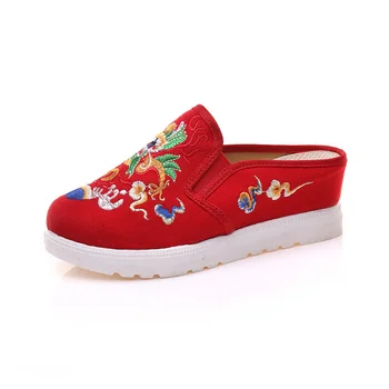 Sinicism Nakış Büyük Boy Ayakkabı Platformu Takozlar Ayakkabı Kadınlar için Baotou Terlik kanvas ayakkabılar Etnik Tarzı Kadın Ayakkabı