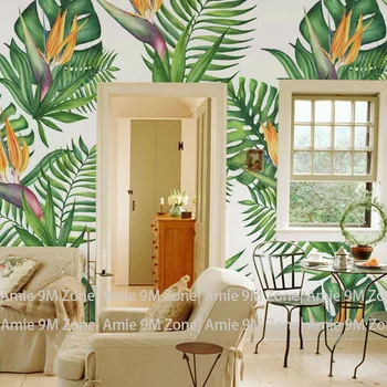 Tuya Sanat toptan yeşil yaprak ve cennet kuşları çiçek duvar kağıdı oturma oda duvar dekoru ücretsiz kargo indirim