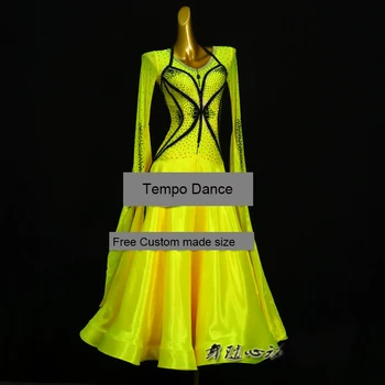 Özelleştirilmiş Boyutu Kadın Salıncak Tango Vals Pürüzsüz ABD 8 Dans Yarışması Elbise Sarı Balo Salonu Dans Elbise