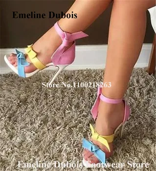 Renkli Papyon Sandalet Emeline Dubois Mavi Sarı Pembe Sapanlar Stiletto Topuk Gladyatör Sandalet Seksi Yüksek Topuk Elbise Ayakkabı