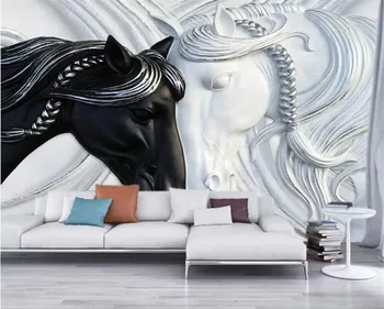 Duvarlar İçin özel Fotoğraf Duvar Kağıdı 3D Sanat Moda Duvar Resimleri Siyah Beyaz Çift Atlar Kabartmalı dokunmamış Duvar Kağıdı Duvar Kaplamaları