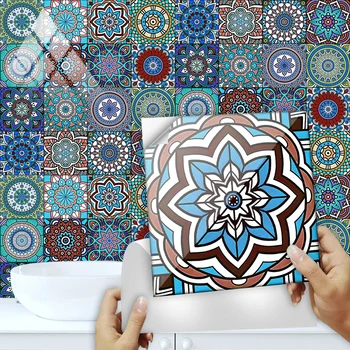 16 adet / takım Mandala Tarzı Seramik Fayans Duvar Sticker Mutfak Banyo Bel sanatsal fresk Ev Dekor Kabuğu ve Sopa PVC Duvar Çıkartmaları