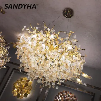 SANDYHA Modern lüks altın cam yaprak avize yaratıcı demir sanat dekoratif lamba yemek oturma yatak odası otel kolye ışık
