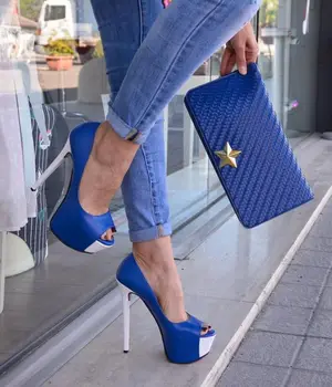 Carpaton Seksi Peep Toe Platformu Pompaları Süper Yüksek Mavi Deri Yüksek Topuk Ayakkabı Kadın Ince Topuklu Elbise Topuklu Karışık Renkler Ayakkabı