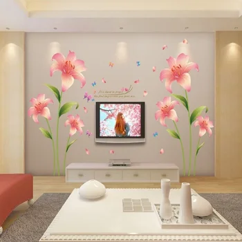 Yeni 3D Aşk Zambak Pembe Çiçekler Oturma Odası Ev Süsleme Yatak Odası Duvar Sticker Duvar