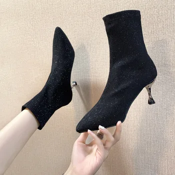 Moda Kadın Çizmeler Streç Kumaş 6.5 CM İnce Yüksek Topuklu Sivri Burun Slip-On İngiliz Tarzı Kore Bling Bayan Ayakkabıları Yeni Siyah