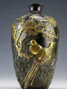 Çin Vintage Koleksiyonu Bronz Heykeller Altın kaplama Çiçek Kuş Vazo 20 cm