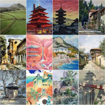 5D Diy Elmas Boyama Çin Tarzı Geleneksel Kule Mimarisi Tam Elmas Nakış Yağlıboya Mozaik Sanatı İğne