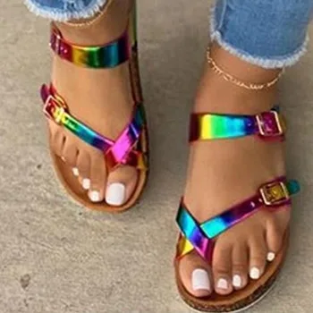 Kız Drop Shipping Muticolor Sandalet Burnu açık Flip Flop Gökkuşağı Platformu Kadın Rahat Plaj Toka Ayakkabı Sevimli 