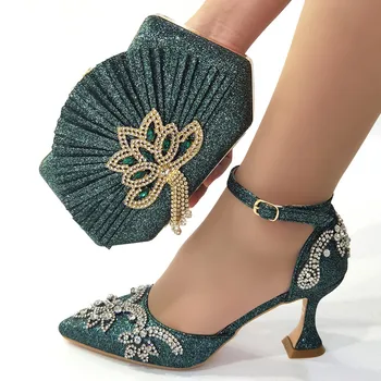 Olgun Yeni Yeşil Renk Kesme Tasarım Rhinestone Dekorasyon Şekilli Topuk Moda Peep Toe Ziyafet Bayanlar Ayakkabı Ve Çanta Seti