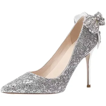 2023 Avrupa ve Amerikan kadın gümüş payetli sivri yüksek topuklu ince topuk ayakkabı yay kristal ayakkabı düğün ayakkabı