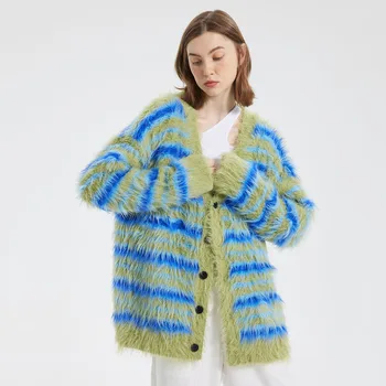 Kadın Kazak Vintage Şerit Yumuşak Tiftik Örme Hırka Moda V Yaka Rahat Kazak Ceket Streetwear Triko Kadın Trend