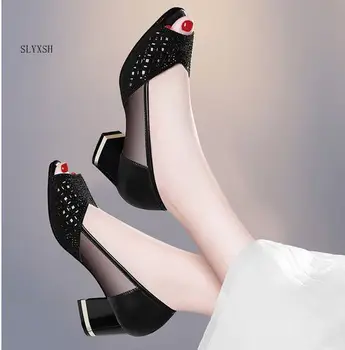 SLYXSH 2019 Yaz Kadın Sandalet Açık burunlu yüksek Topuklu Pompaları Oymak Kadın Elbise Ayakkabı ofis Bayan Ayakkabıları