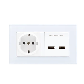 Avrupa Standart Alman Soket USB Şarj ile Temperli Cam Panel Duvar Elektrik Prizleri 16A AB Çıkışı
