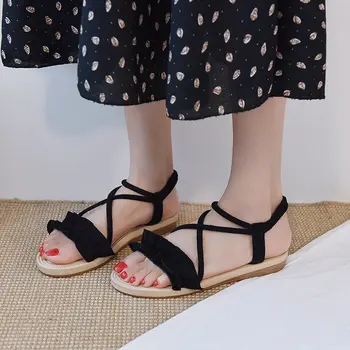 Yaz Kadın Elastik Düz Ayakkabı Düz Rahat Sandalet Sandalet 2021 Yeni Bantlı Gladyatör Plaj Sandalet Bayanlar seksi Flip Flop 