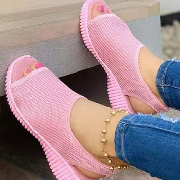 2022 Yeni Yaz kadın Sandalet Yuvarlak burnu açık Düz Sandalet Hafif Nefes Örgü rahat ayakkabılar Slip-on ayakkabılar Kadınlar
