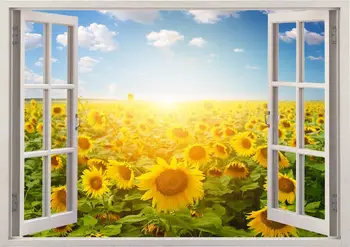 Ayçiçeği duvar çıkartması 3D pencere, ayçiçeği alan çıkartması manzara duvar sticker ev dekor için, çayır duvar sanat baskı ayçiçeği güneş
