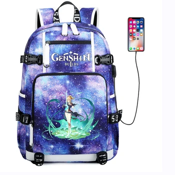 Anime Genshin Darbe USB Şarj keten sırt çantası okul çantası Fermuar omuzdan askili çanta Seyahat Rahat Mochila laptop çantası Çantası Sırt Çantası