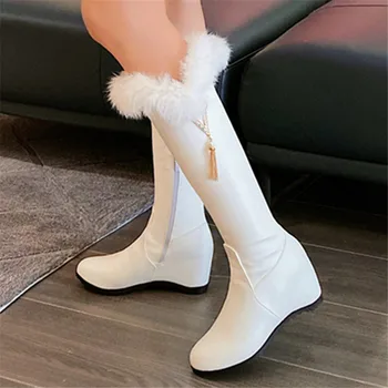 2021 Kadın Botları Sonbahar Kış sıcak Yüksek Topuk Yuvarlak Ayak Yeni Moda Orta buzağı Zip Eğim topuk Beyaz siyah Büyük Boy 34-43