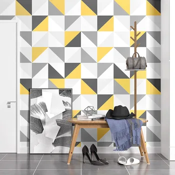 9.5 M Rulo Üçgen Geometrik Modern Baskı Kendinden Yapışkanlı 3D Duvar Kağıdı Gri Sarı Yatak Odası Duvar Kağıdı