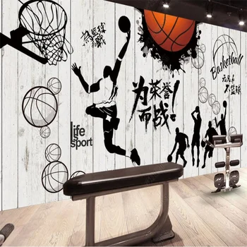 Ahşap Tahta Fitness Spor Basketbol Sahası Özel Duvar Spor 3D duvar kağıdı Spor Salonu Endüstriyel Dekor Kendinden yapışkanlı Duvar Kağıtları