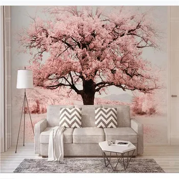 Özel duvar kağıdı basit İskandinav tarzı bir ağaç pembe manzara tepe TV arka plan duvar sanatı dekoratif boyama