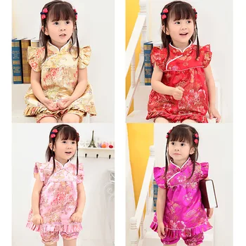 11 Renkler Çin Gelenekler Baskı Qipao çocuk Setleri Elbiseler Kısa Pantolon Yeni Yıl Bebek Kız Cheongsam Toddler Kız Giyim