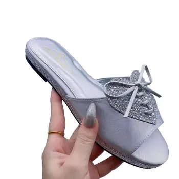 Ilmek Yaz Slaytlar Sandalet Tıknaz Taban Rahat Açık Terlik düz ayakkabı Bling Bling Glitter Resmi Katır Düşük Sandalet Kadın