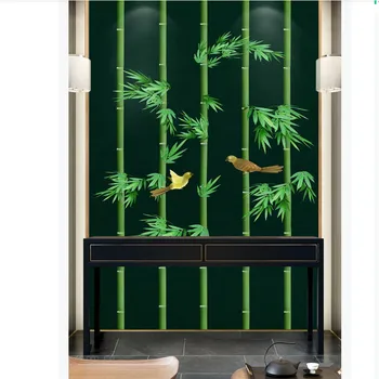 Çin El-boyalı Yeşil Bambular Kuşlar Duvar Kağıdı Sundurma Koridor Giriş Arka Plan Duvar Dekorasyon Duvar Kağıdı 3D