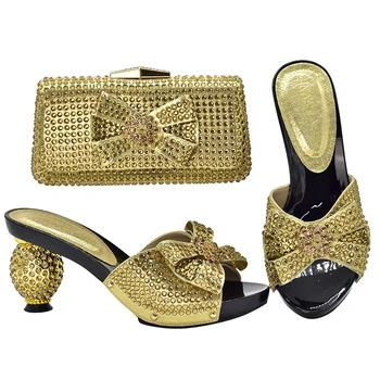 Artı boyutu 43 altın renk moda kadın ayakkabısı ve çanta Çiçek tasarım köpüklü elmas kadın parti ayakkabıları ve çanta